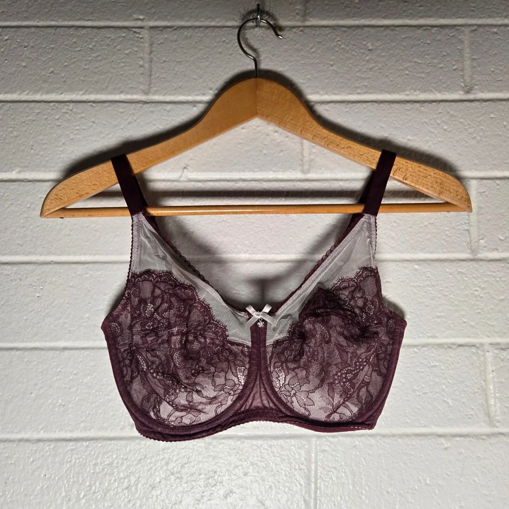 Wacoal‎ Lace Underwire Bra 34DDD Burgundy Floral Mesh Coverage Romantic Lingerie